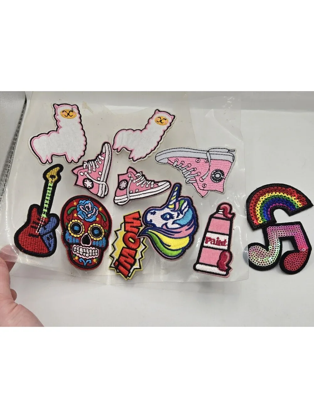 Lot of 11 Embroidered & Sequin Patches Alpaca Unicorn Skull Rainbow Shoe Y2K